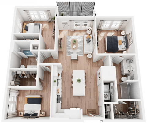 Floor plan for 3 beds, 2 baths, 1268 sqft